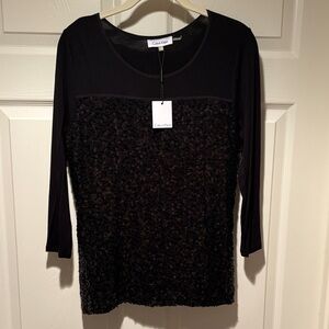 Calvin Klein Black Sequin Panel Long Sleeve Top Size M